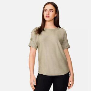 Melissa Paige Ribbed-Yoke Round-Hem Sweater in Tea